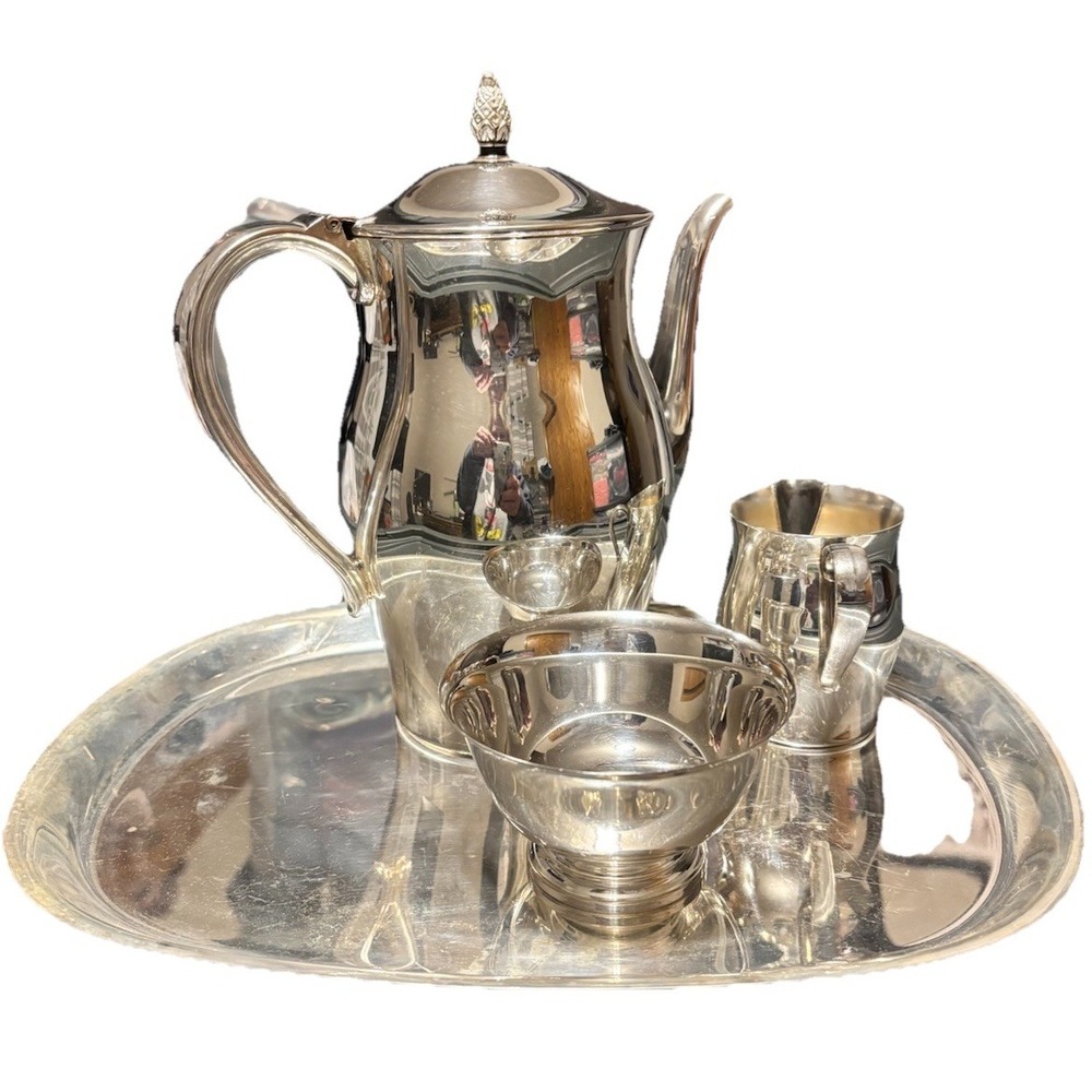 Vintage Paul Revere Reproduction Silver Plated Creamer Sugar Bowl Tea Pot & Tray